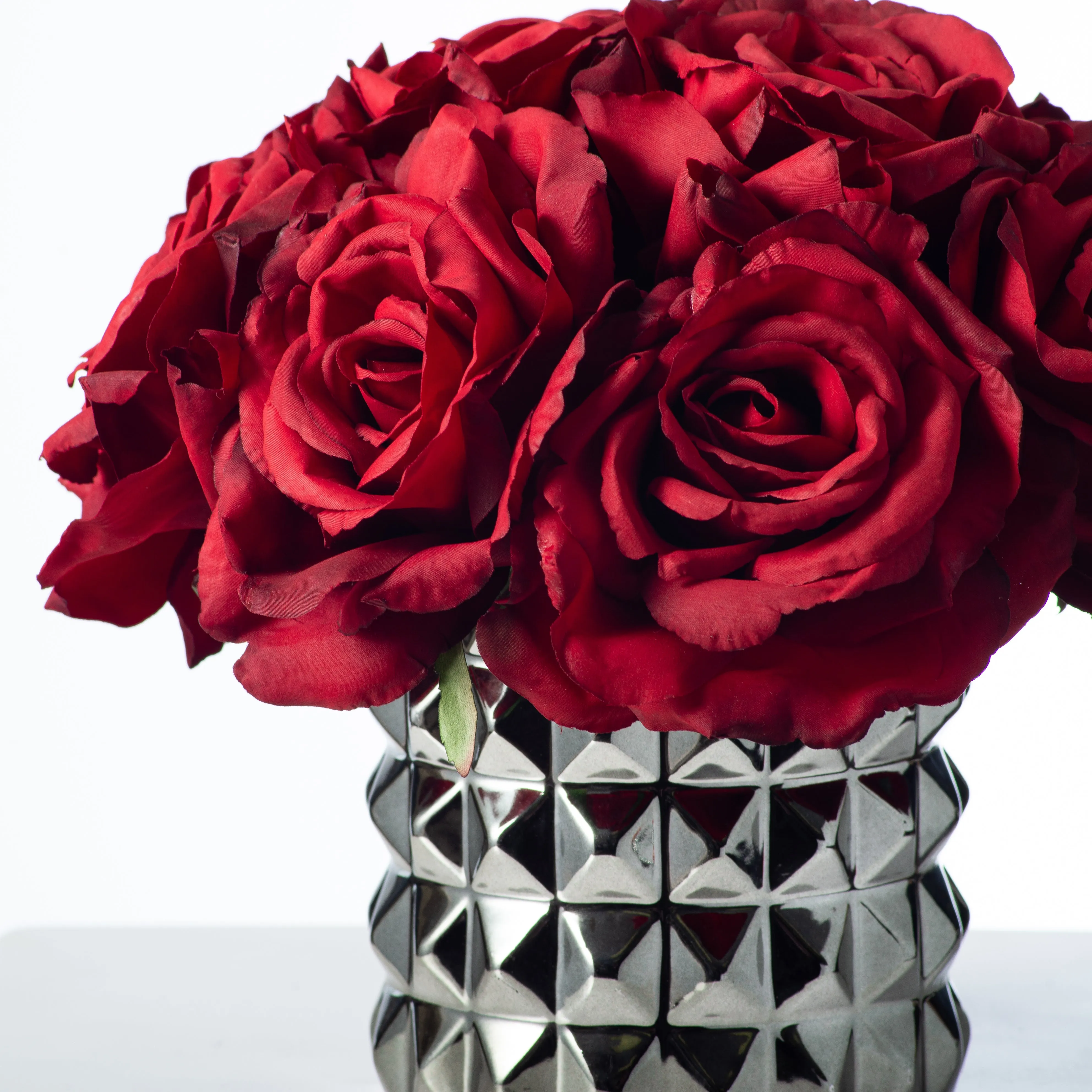 Deep Red Diana Silk Rose Valentine's Everyday Spring Faux Flower Arrangement in Studded Ceramic Gunmetal Vase