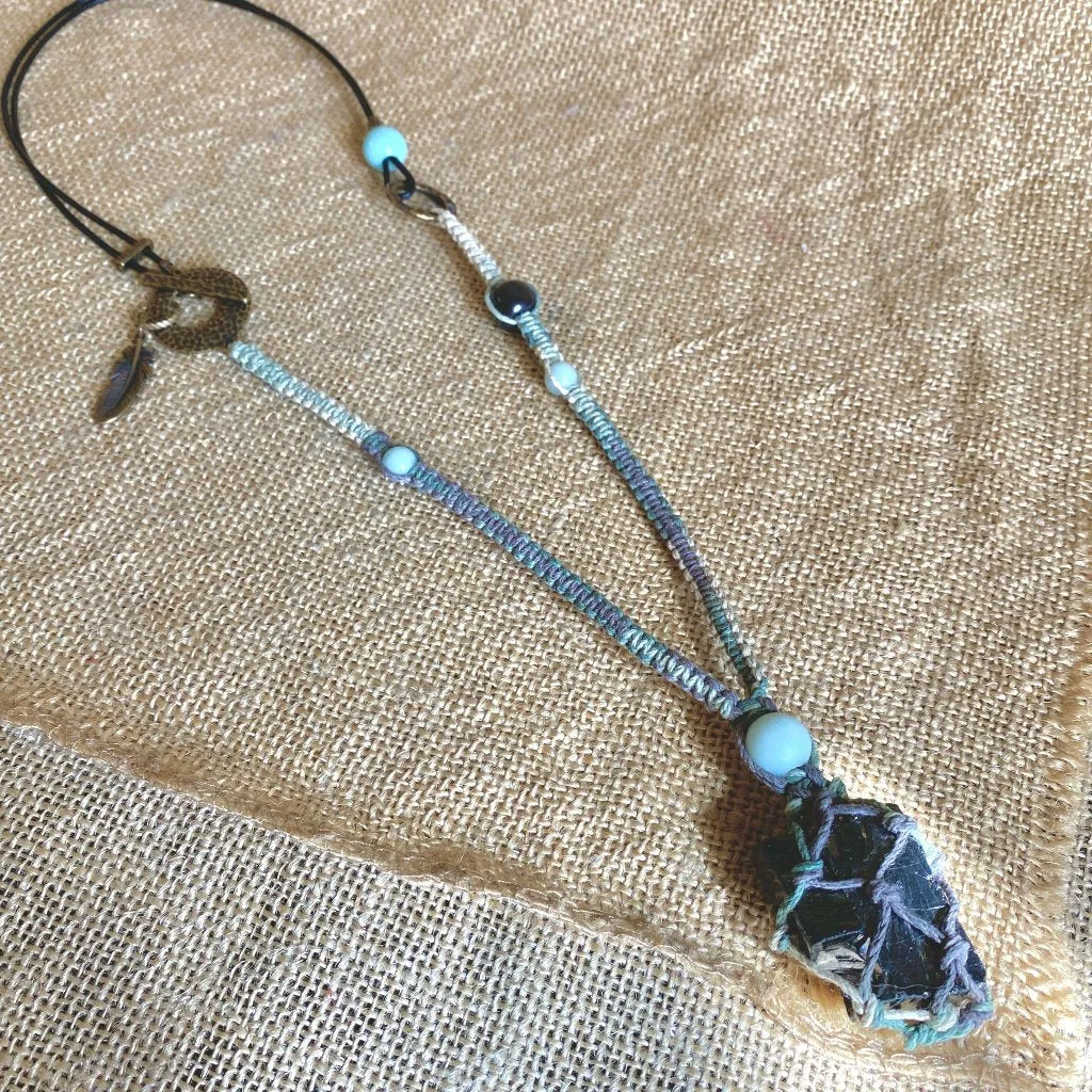 Elite Shungite & Amazonite Necklace with Mixed Hemp, Leather, & Brass