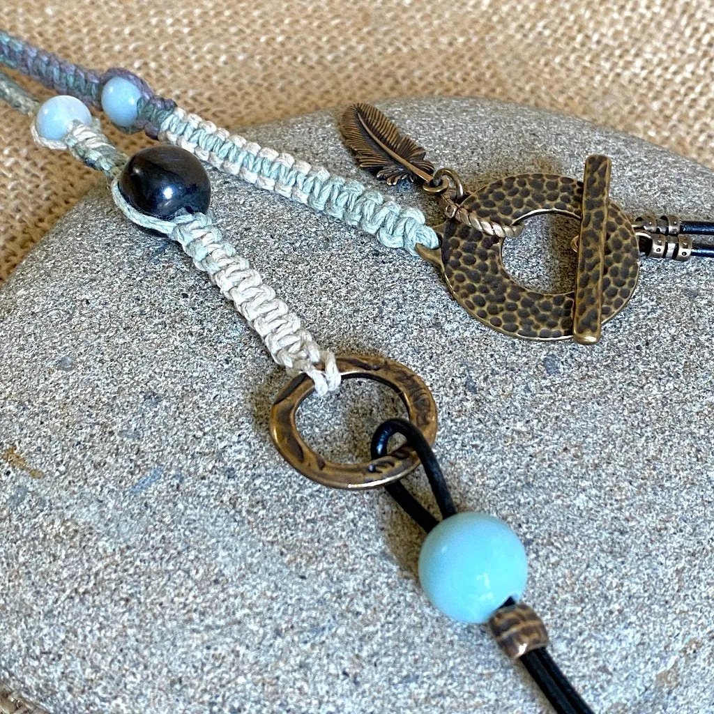 Elite Shungite & Amazonite Necklace with Mixed Hemp, Leather, & Brass