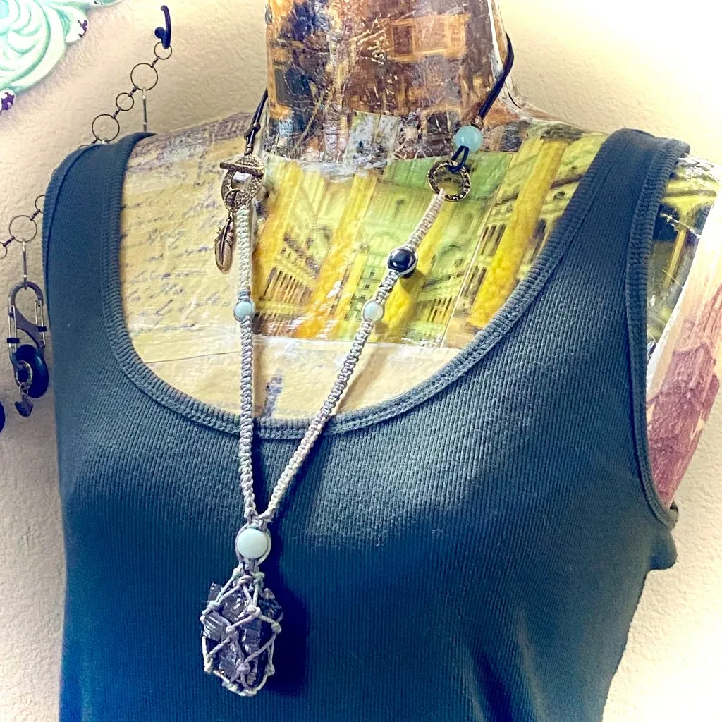 Elite Shungite & Amazonite Necklace with Mixed Hemp, Leather, & Brass