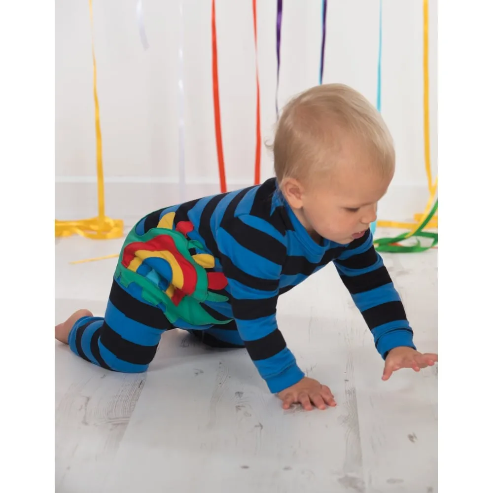 Frugi Baby Snug Cosy Romper - Sail Blue Bold Stripe Dino