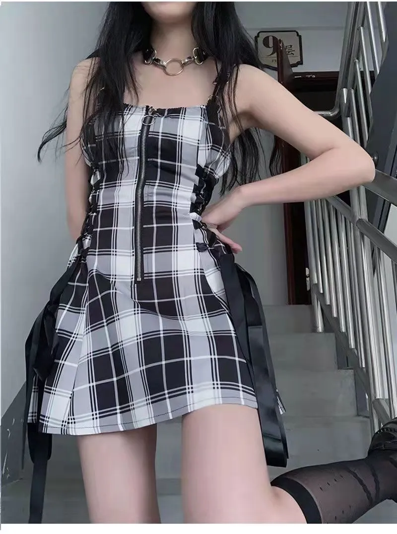 'Game on' Black Grunge Plaid Lace Up Dress