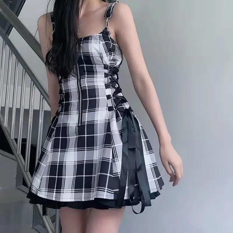 'Game on' Black Grunge Plaid Lace Up Dress