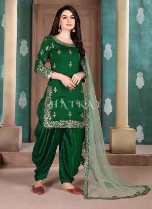 Green Mirror Work Silk Punjabi Patiala Suit