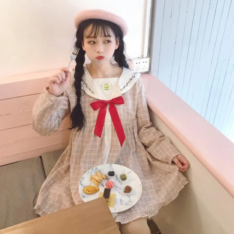 Harajuku Embroidered Falbala Plaid Dress