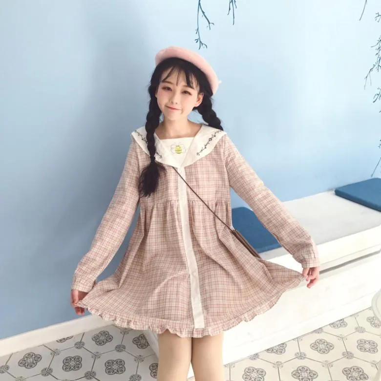 Harajuku Embroidered Falbala Plaid Dress