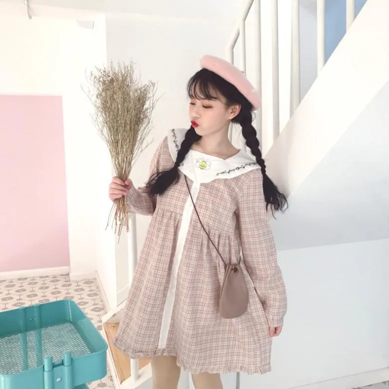 Harajuku Embroidered Falbala Plaid Dress