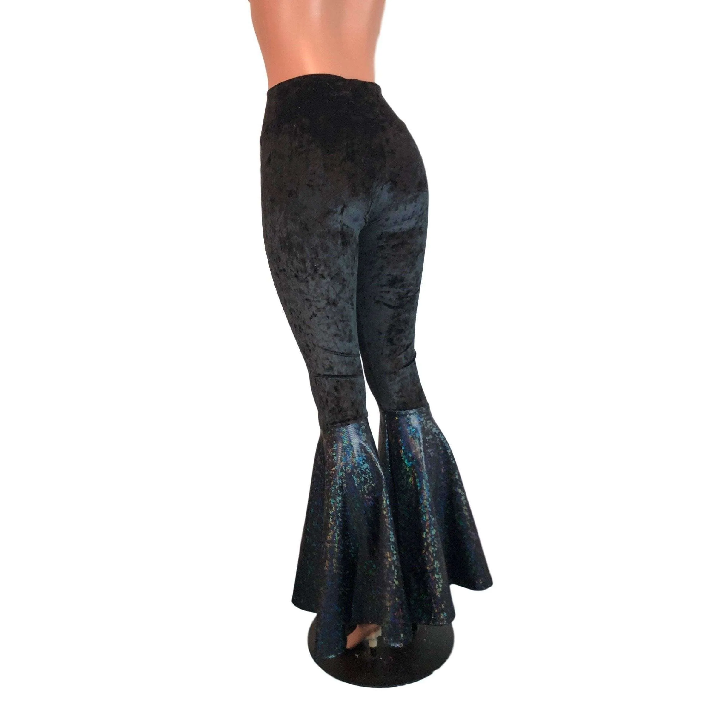 High Waist Bell Bottoms - Black Crushed Velvet w/ Black Shattered Glass