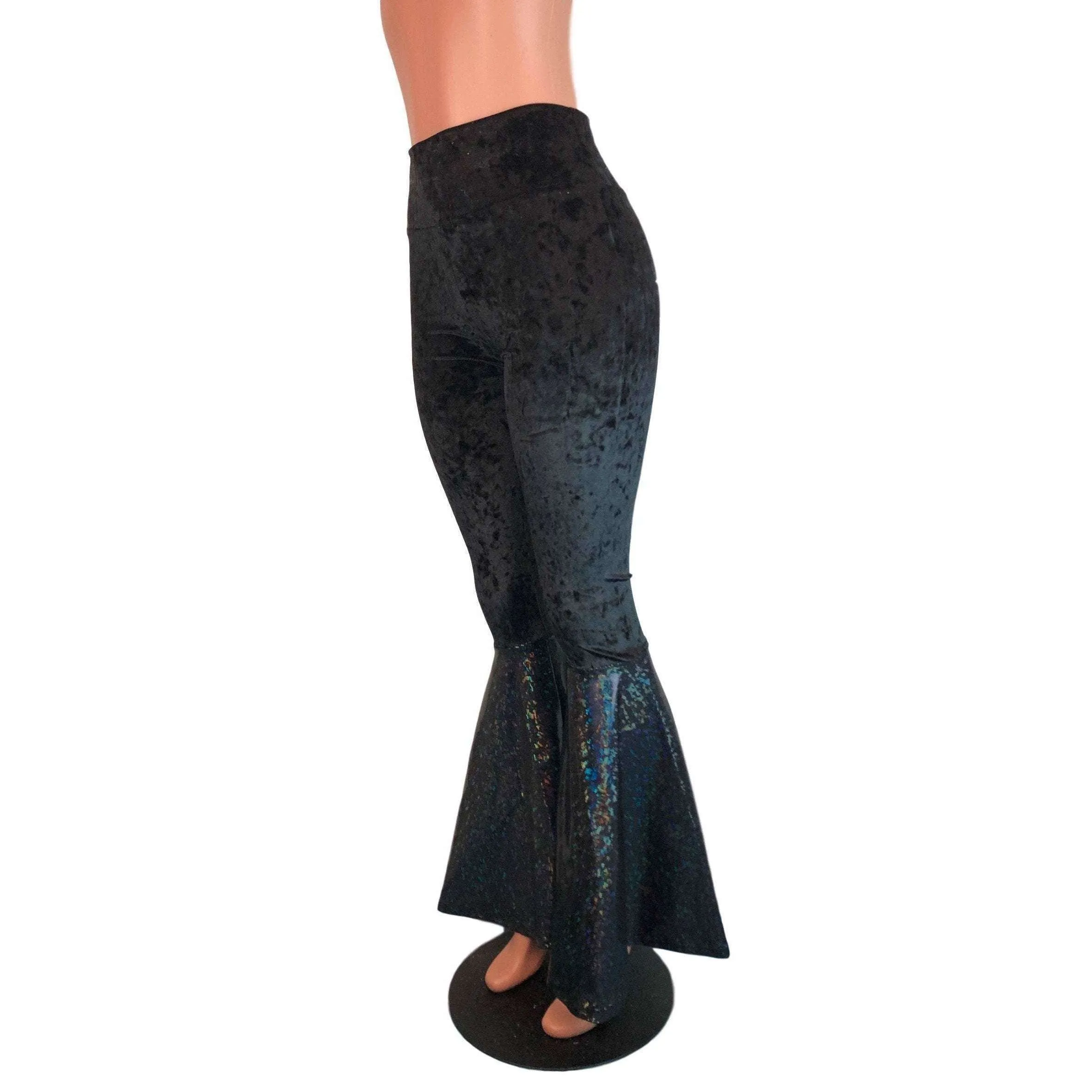 High Waist Bell Bottoms - Black Crushed Velvet w/ Black Shattered Glass