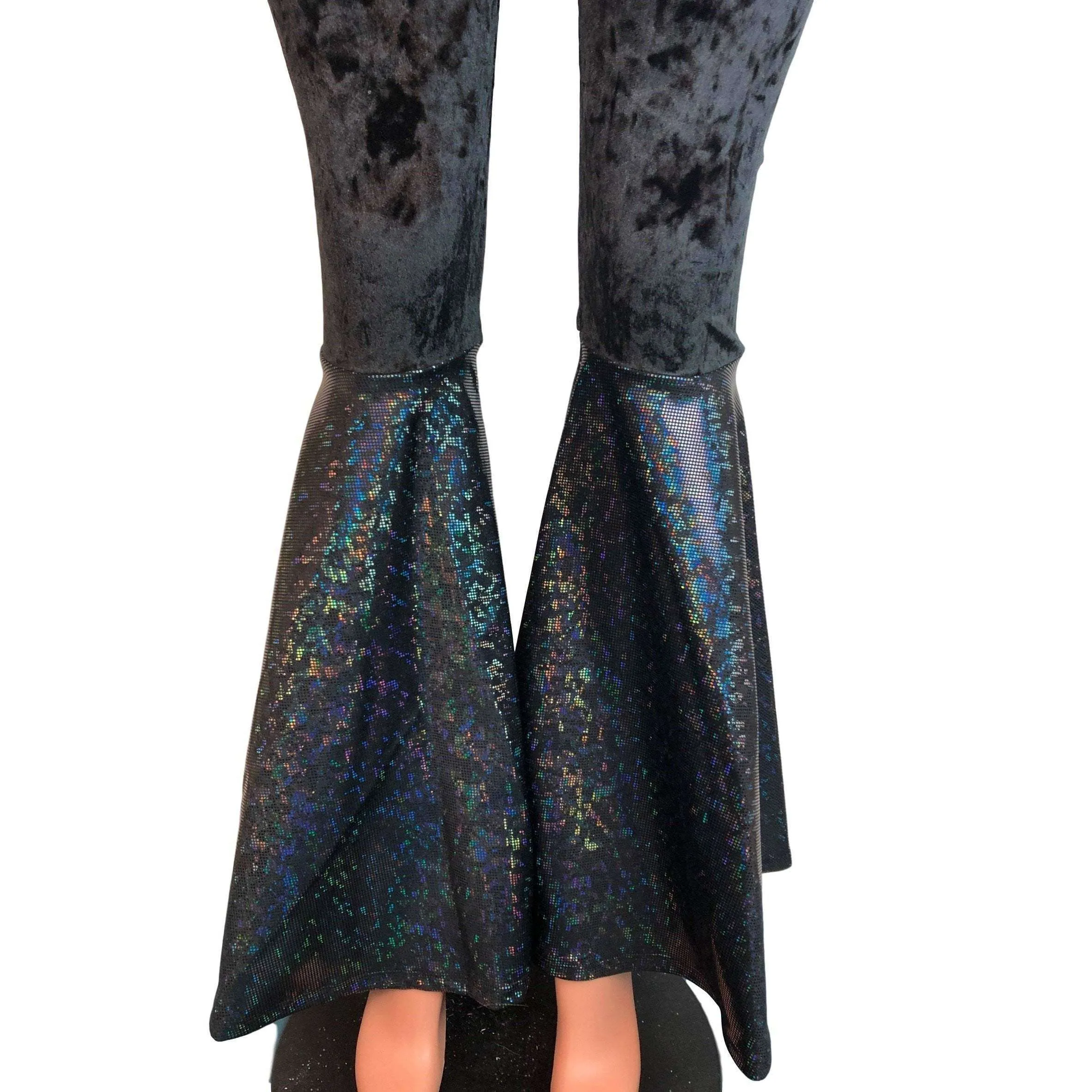 High Waist Bell Bottoms - Black Crushed Velvet w/ Black Shattered Glass