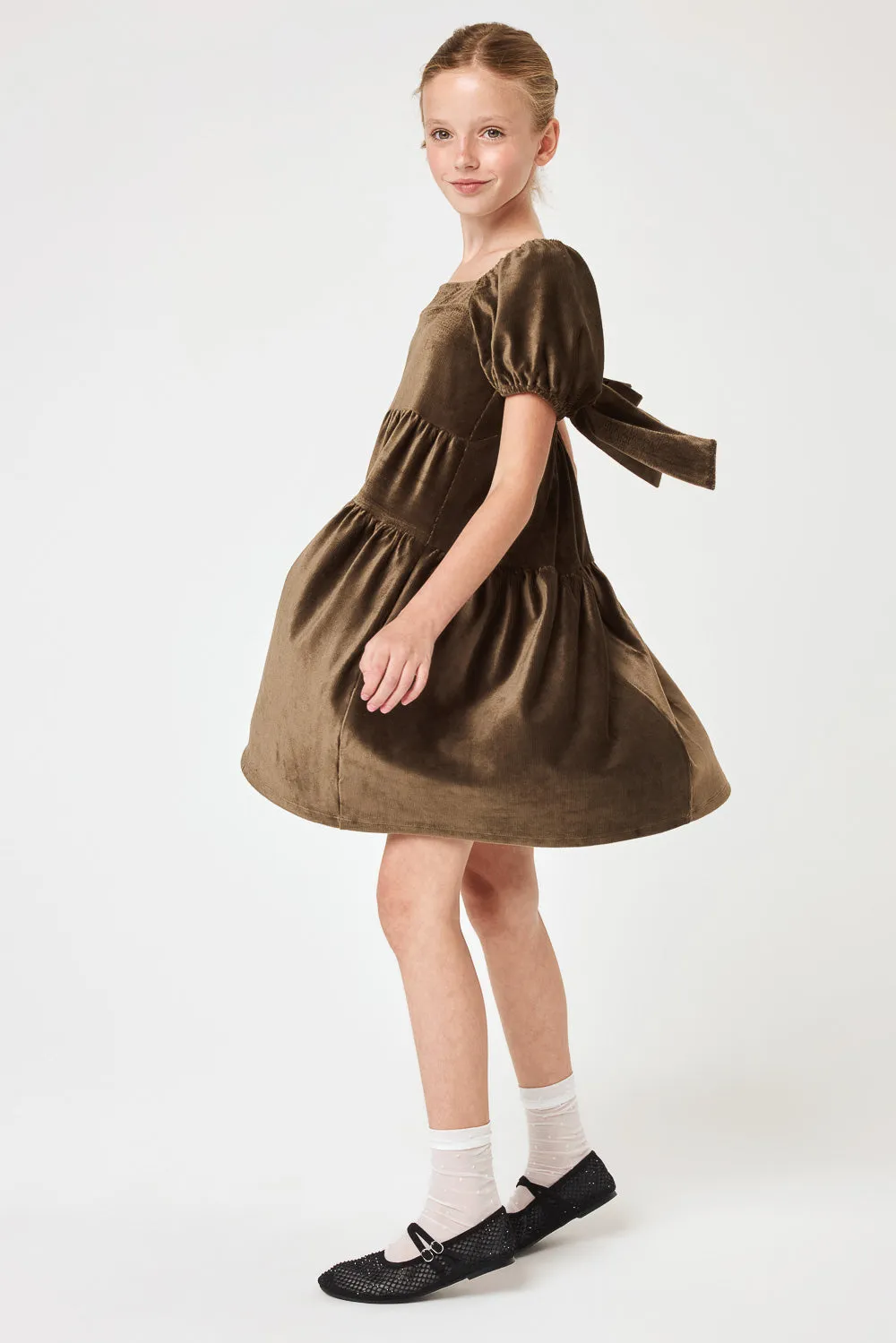 Kids Olive Green Tie Back Velvet Dress