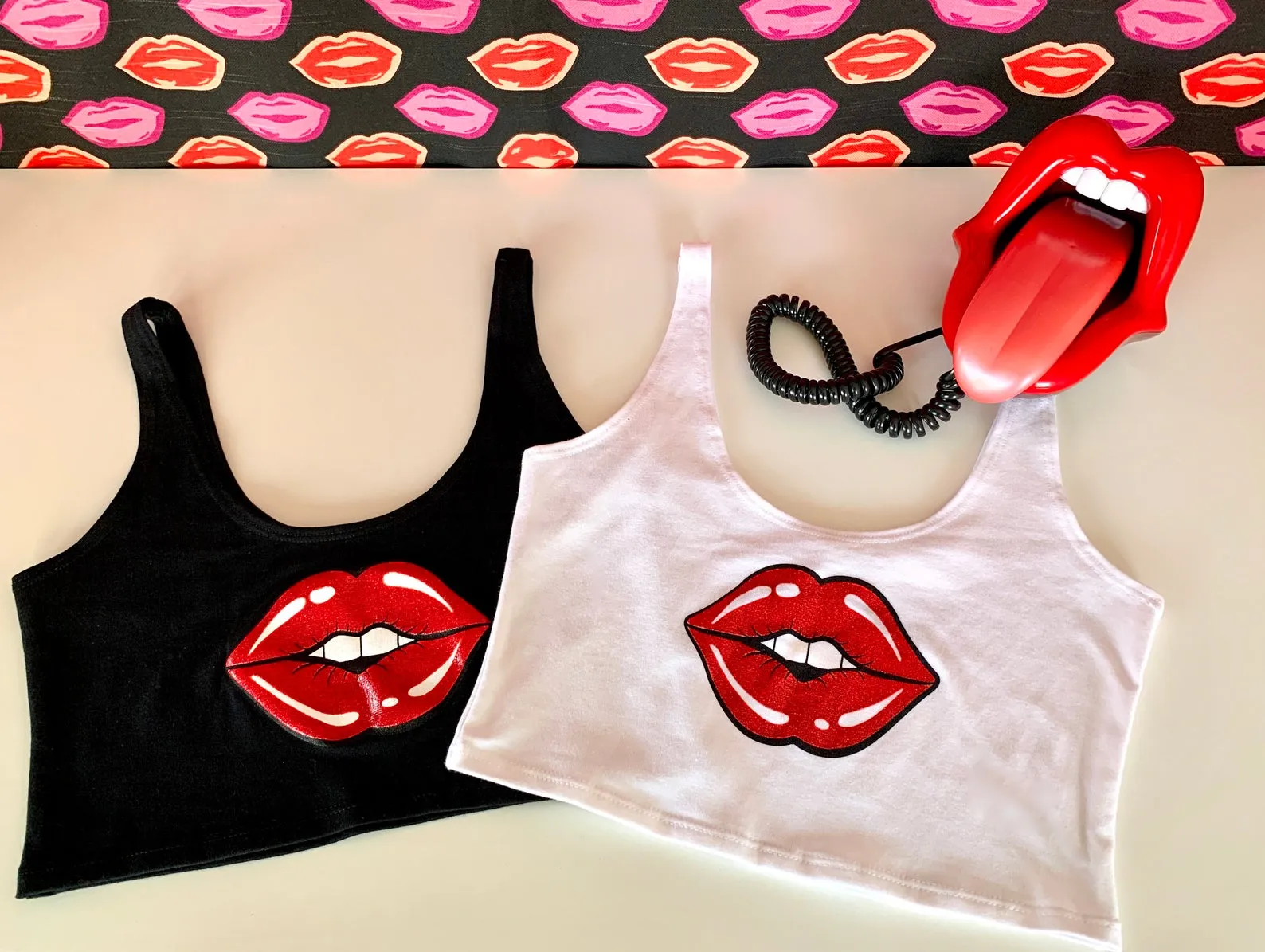 Lips Crop Tank in Black with Red Lips