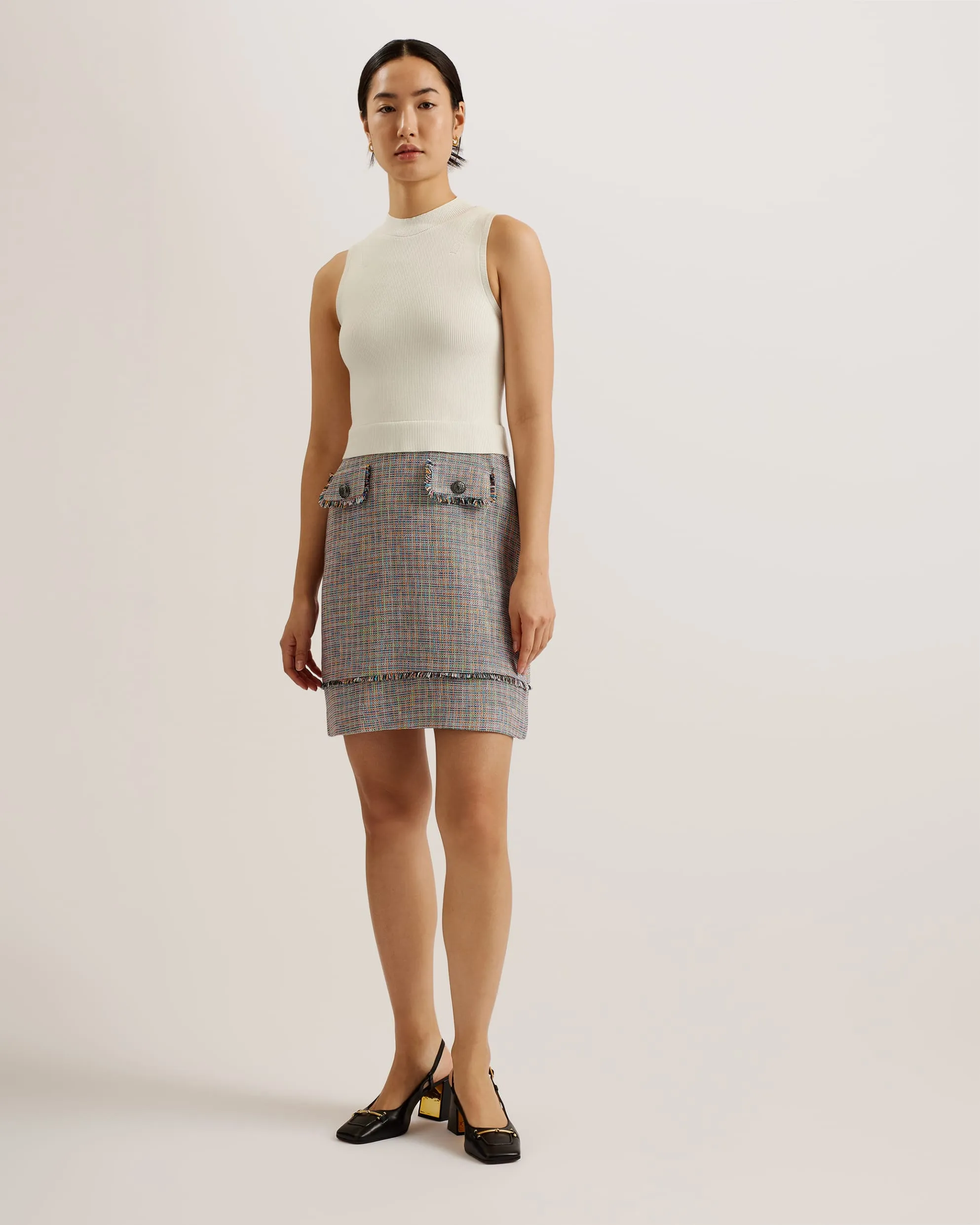 Mayumid Knit Bodice Dress With Boucle Skirt Ivory