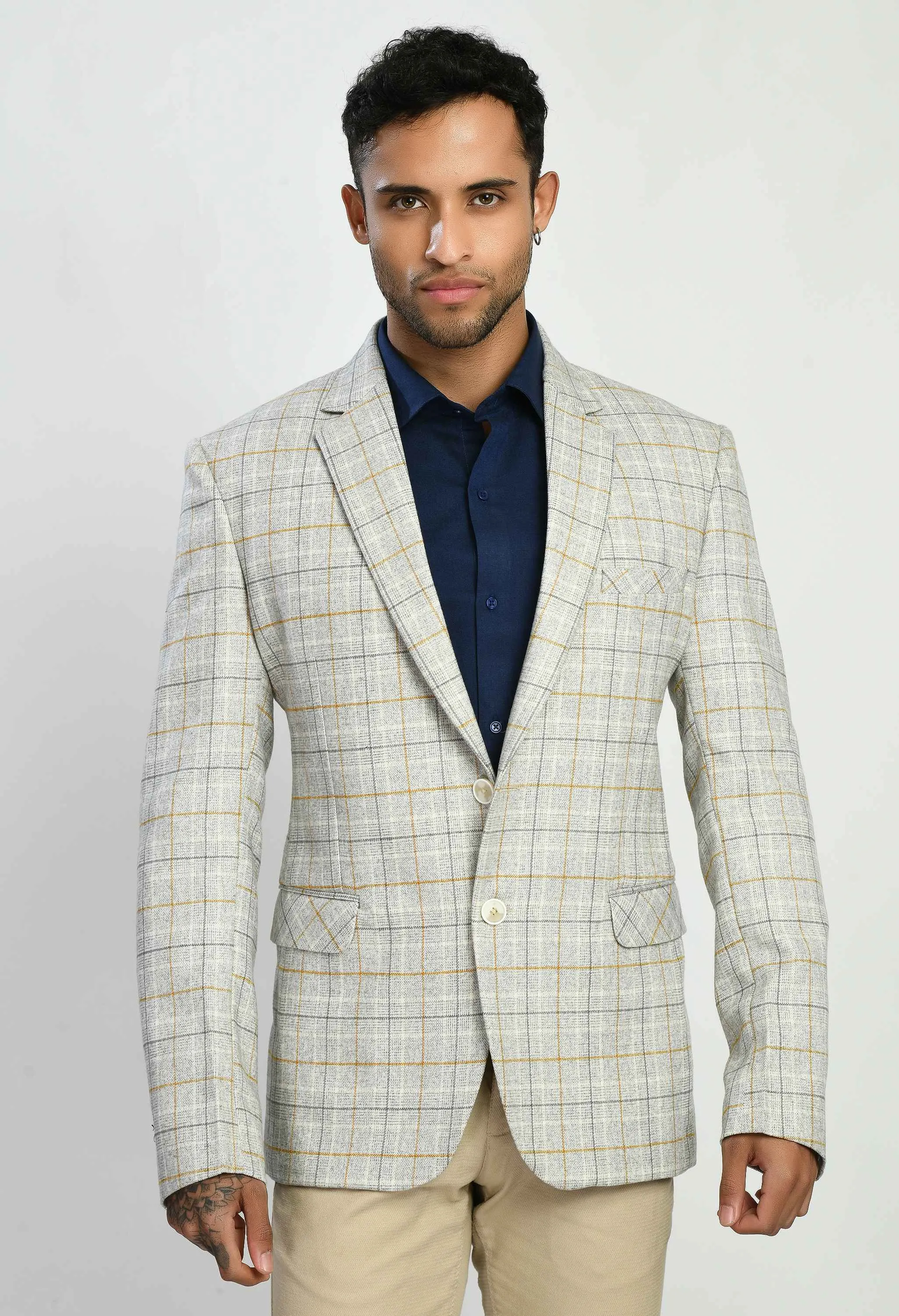 Men's White Checks Slim Fit Casual Blazer