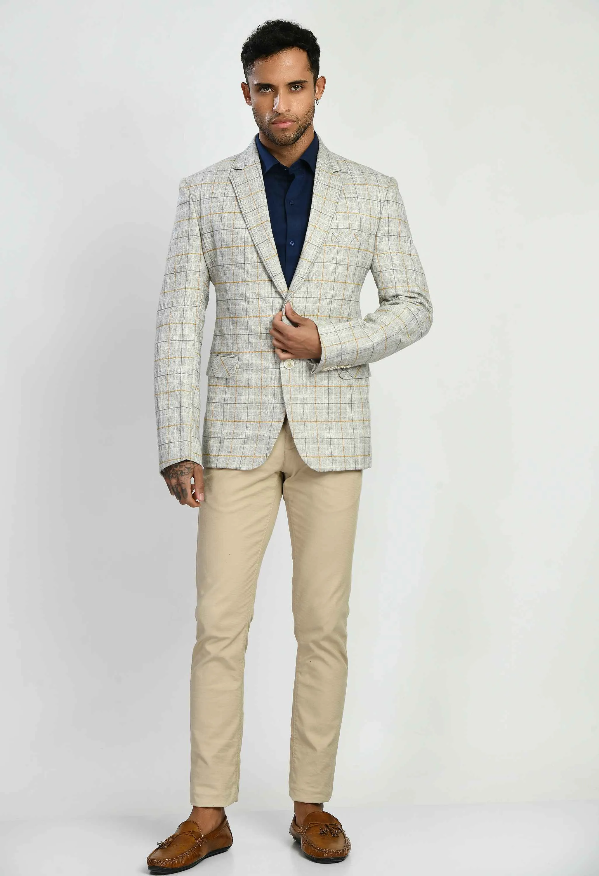 Men's White Checks Slim Fit Casual Blazer