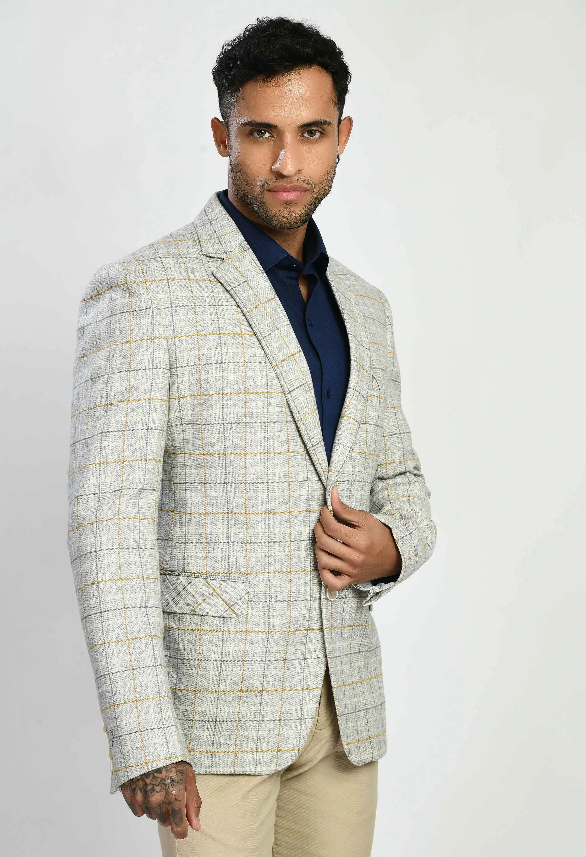 Men's White Checks Slim Fit Casual Blazer