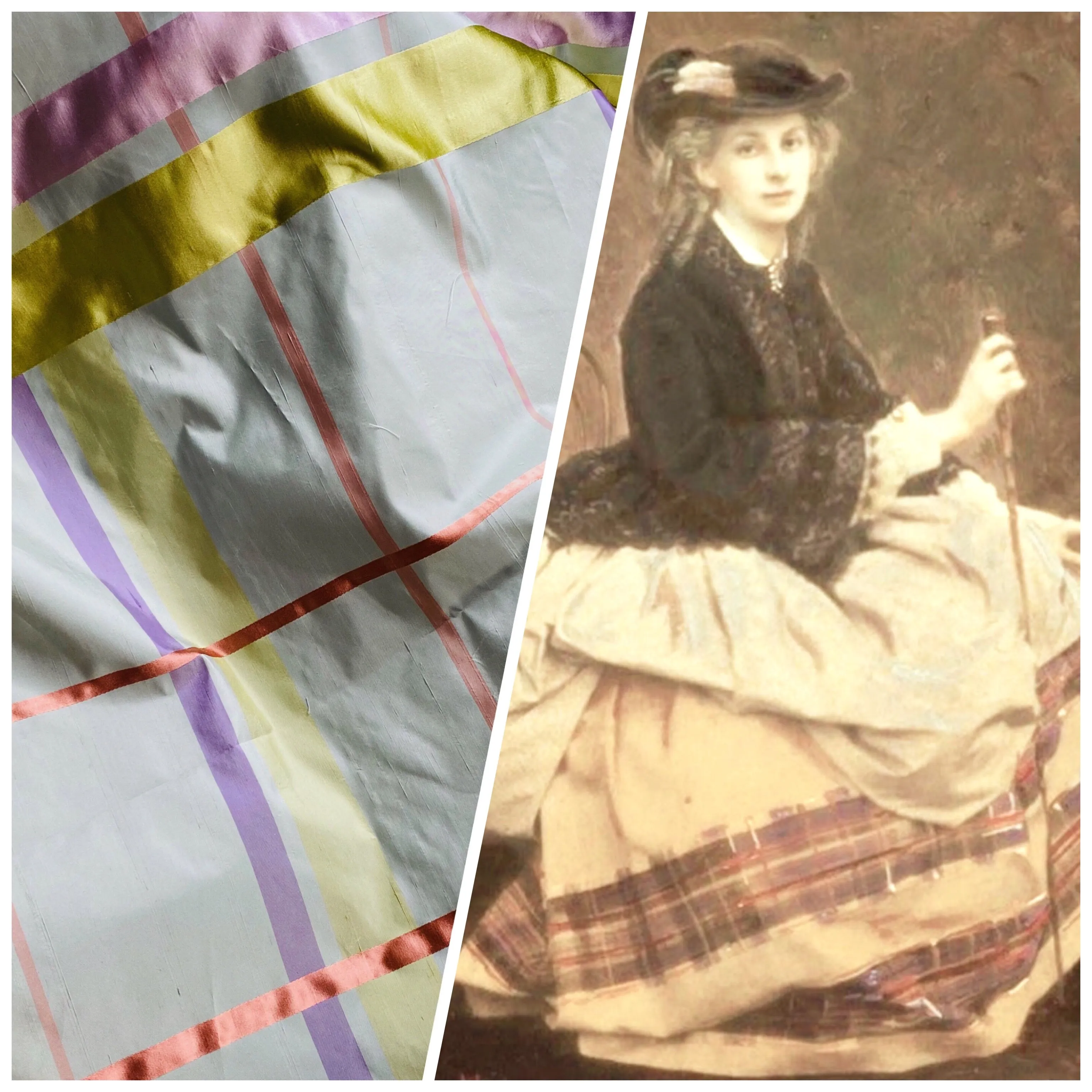 NEW Duchess Philippa 100% Silk Taffeta Plaid Tartan with Satin Ribbon Stripes in Light Blue, Lavender, Salmon, and Pink SB_6_14