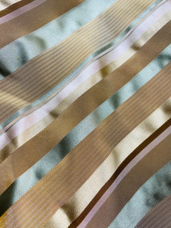 NEW Queen Genevieve 100% Silk Taffeta Fabric with Satin Ribbon Stripes in Brown, Gold, and Turquoise Blue