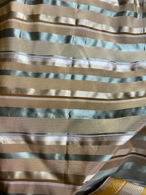 NEW Queen Genevieve 100% Silk Taffeta Fabric with Satin Ribbon Stripes in Brown, Gold, and Turquoise Blue