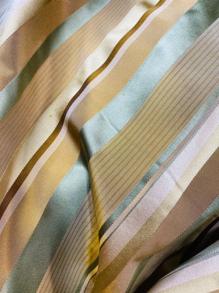 NEW Queen Genevieve 100% Silk Taffeta Fabric with Satin Ribbon Stripes in Brown, Gold, and Turquoise Blue