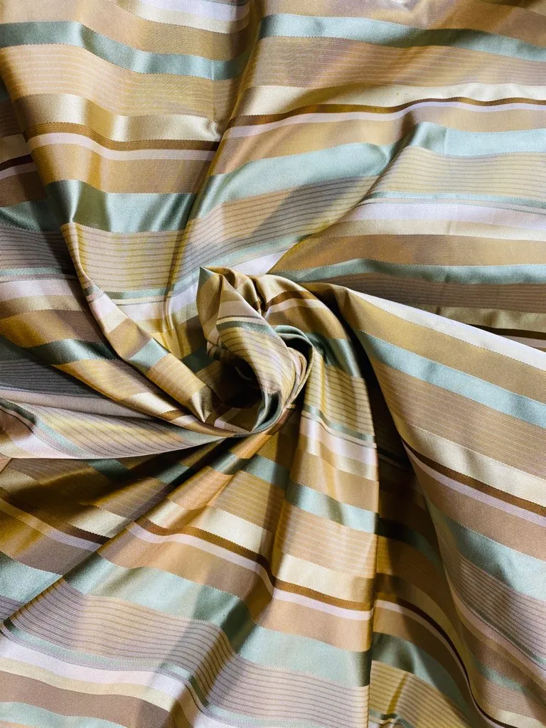 NEW Queen Genevieve 100% Silk Taffeta Fabric with Satin Ribbon Stripes in Brown, Gold, and Turquoise Blue