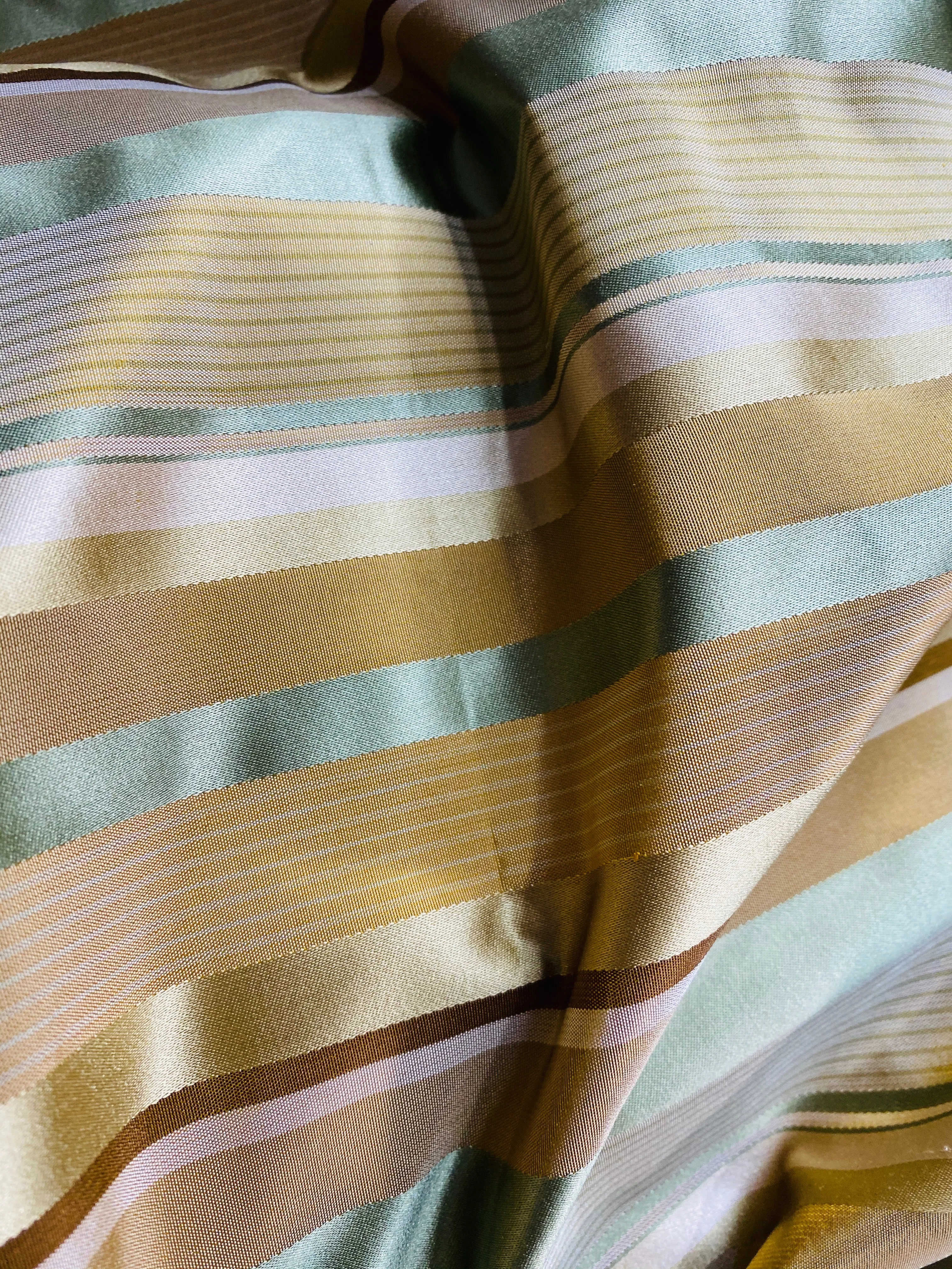 NEW Queen Genevieve 100% Silk Taffeta Fabric with Satin Ribbon Stripes in Brown, Gold, and Turquoise Blue