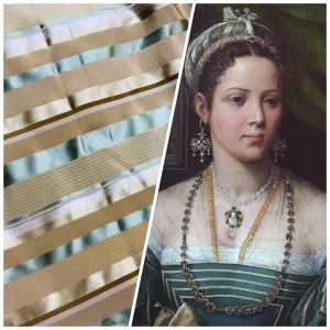 NEW Queen Genevieve 100% Silk Taffeta Fabric with Satin Ribbon Stripes in Brown, Gold, and Turquoise Blue