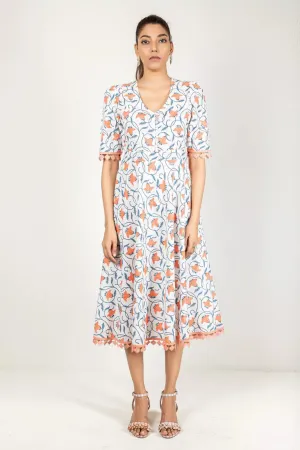 Off-White With Blue & Peach Hand Block Printed Dress