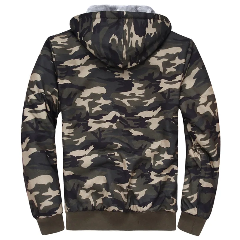 Olive Green Camouflage Zipper Fleece Hoodie