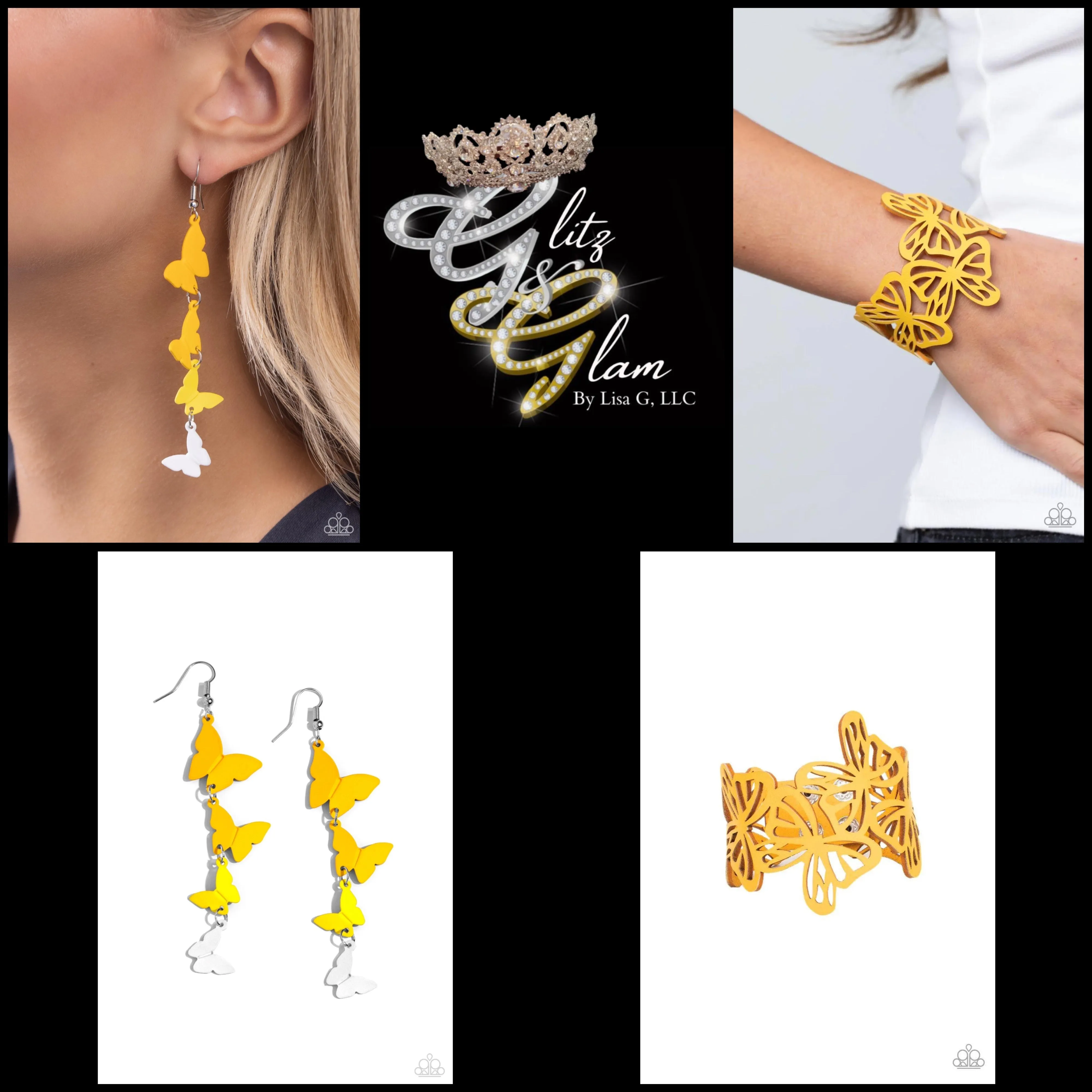 Paparazzi Haphazard Headliner Earrings Yellow & Butterfly Breeze Bracelet Yellow