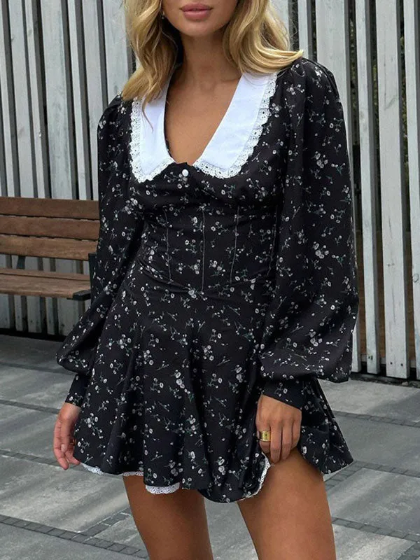 Peter Pan Collar Printed Black Mini Dress