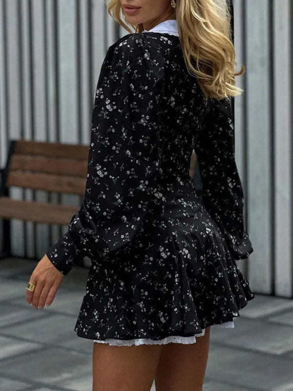 Peter Pan Collar Printed Black Mini Dress