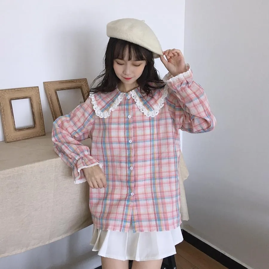 Pink Plaid Peter Pan Collar Shirt