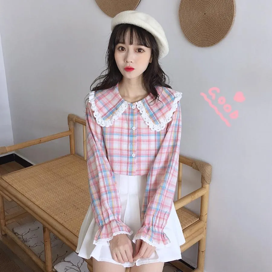 Pink Plaid Peter Pan Collar Shirt