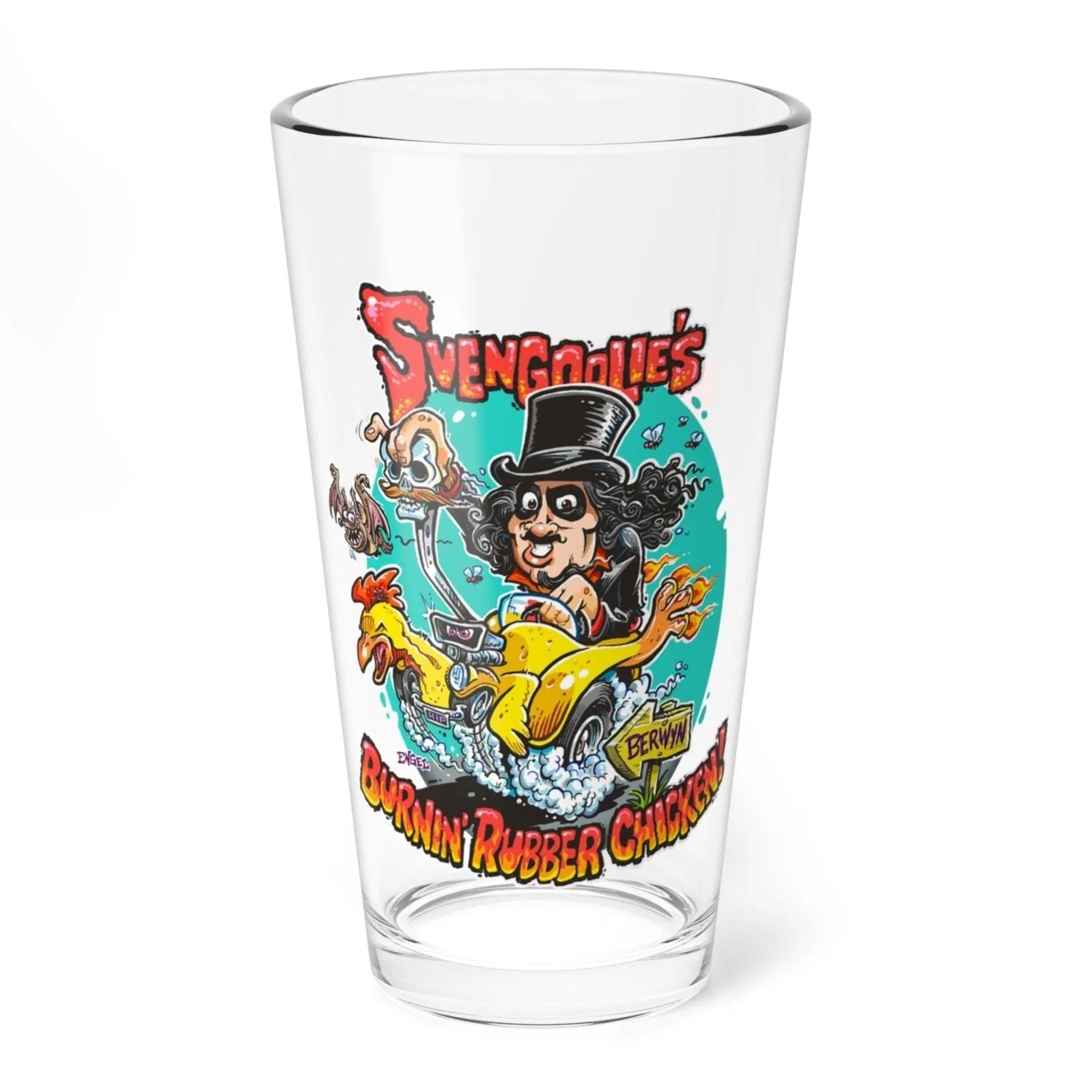 "Burnin' Rubber Chicken" Svengoolie® Pint Glass by Jim Engel