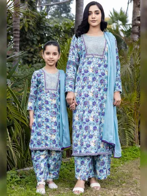 Rangz Mother-Daughter Viscose Printed 3-Piece Suit - Light Blue