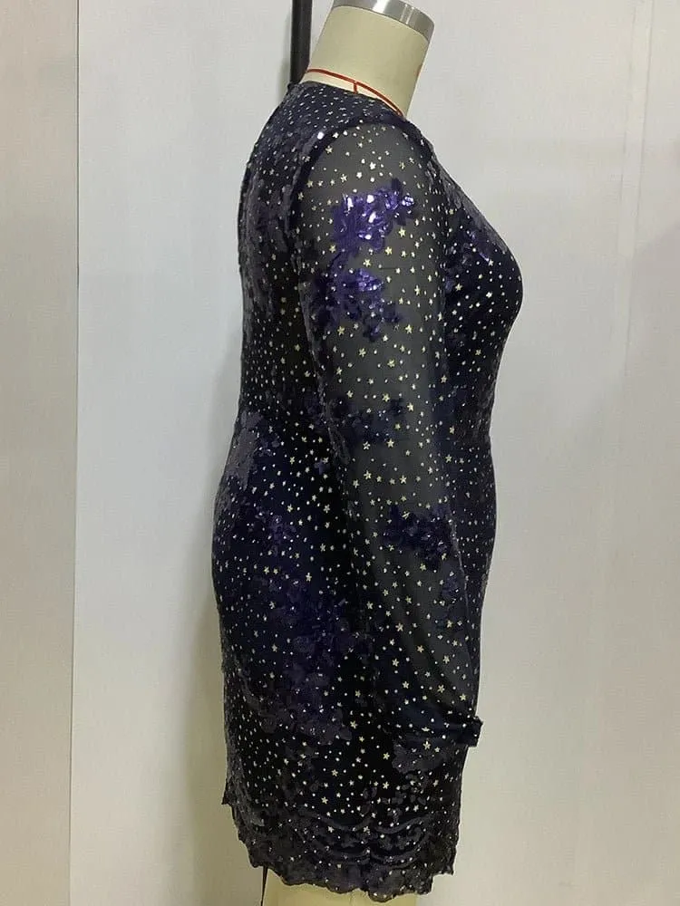 Sequin Mini Dresses with Full Sleeves and O-Neckline