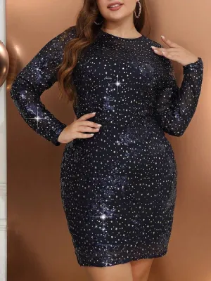 Sequin Mini Dresses with Full Sleeves and O-Neckline