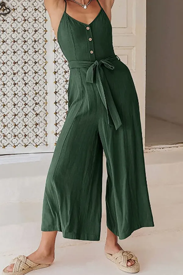 Sleeveless Spaghetti Strap V-Neck Gathered Wide-Leg Jumpsuit