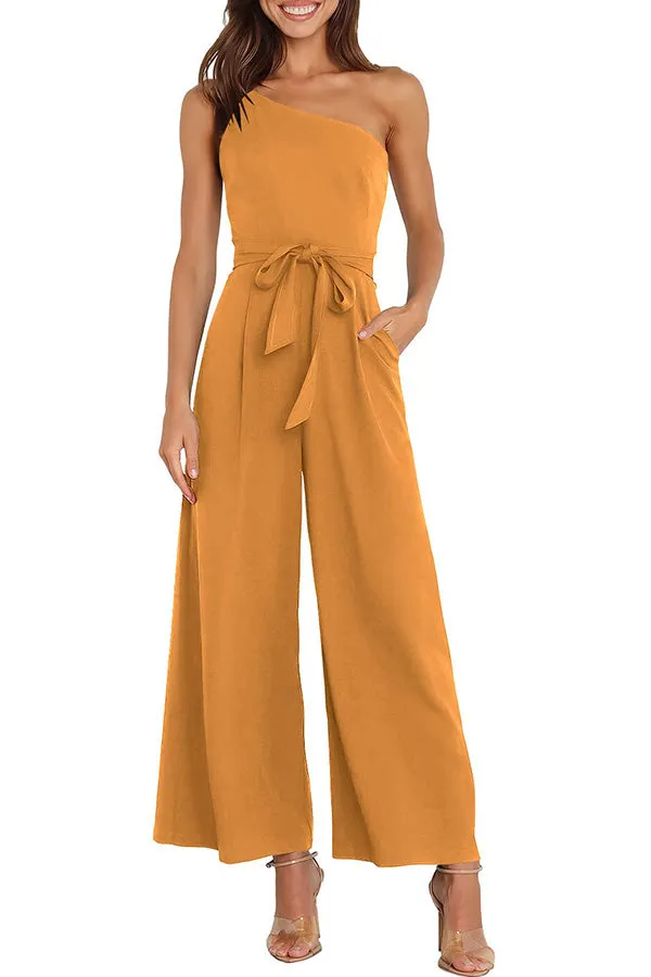 Solid color straight-through pants strapless jumpsuit