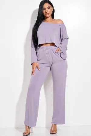 Solid French Terry Long Slouchy Long Sleeve Top And Pants With Pockets Two Piece Set