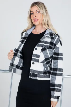 Versatile Plaid Cropped Shacket With Hood