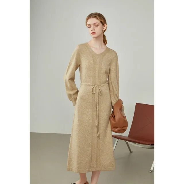 Women Winter V-neck Lace-up Waist Long Thick Camel Knitted Dress