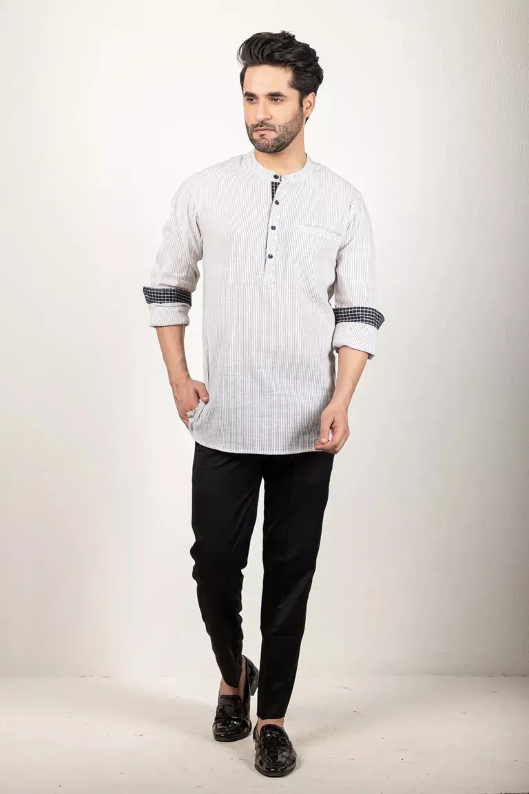 Woven Striped Black And White Short Kurta