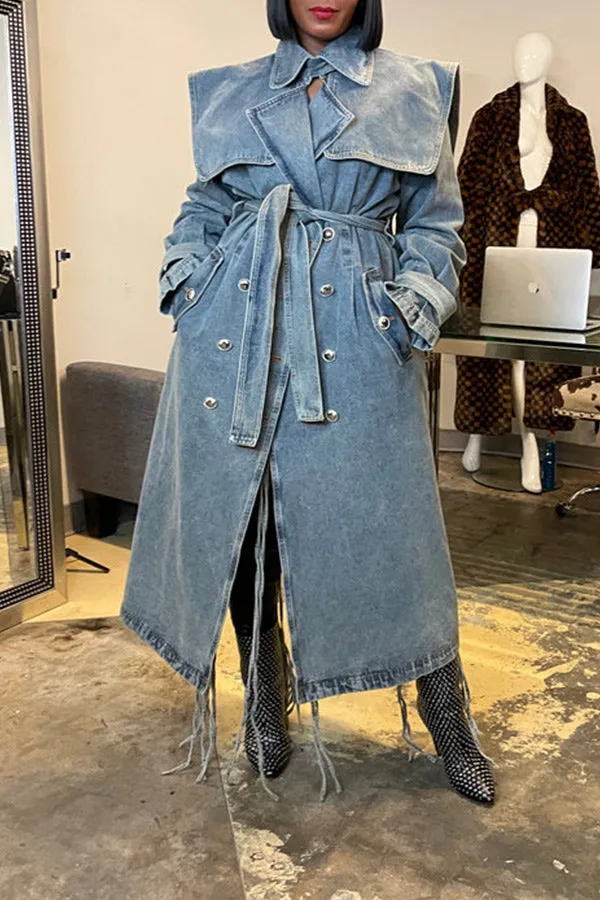 xiangtuibao Denim On-trend Denim Overcoat With Belt