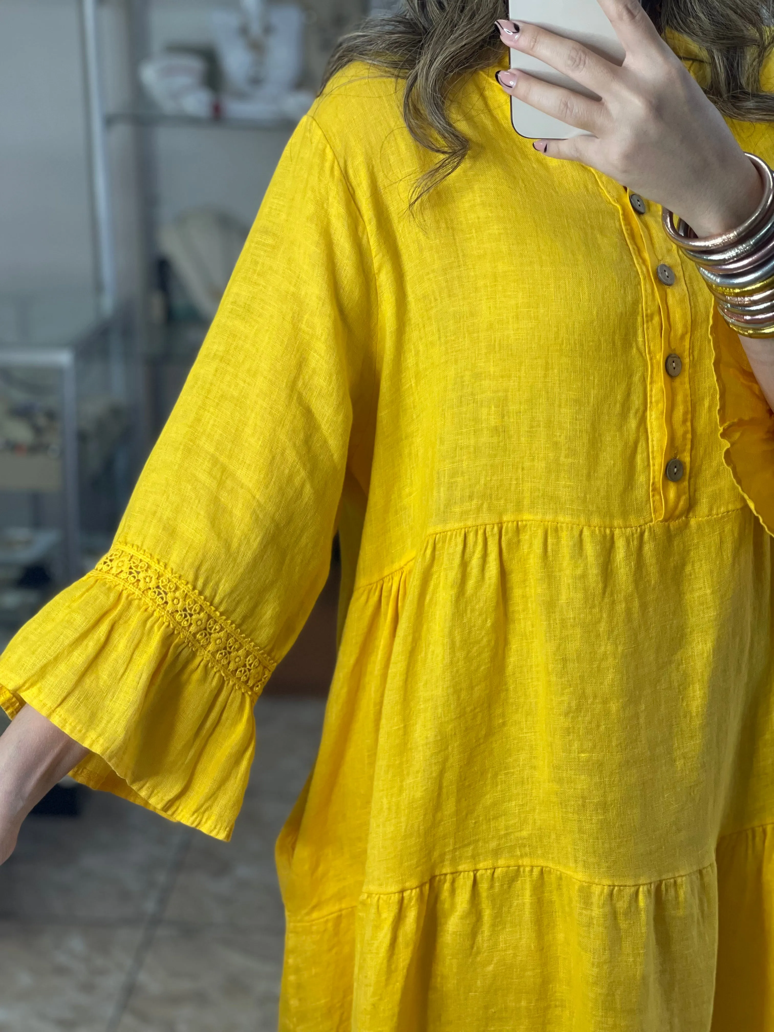 Yellow OS Linen Midi Dress