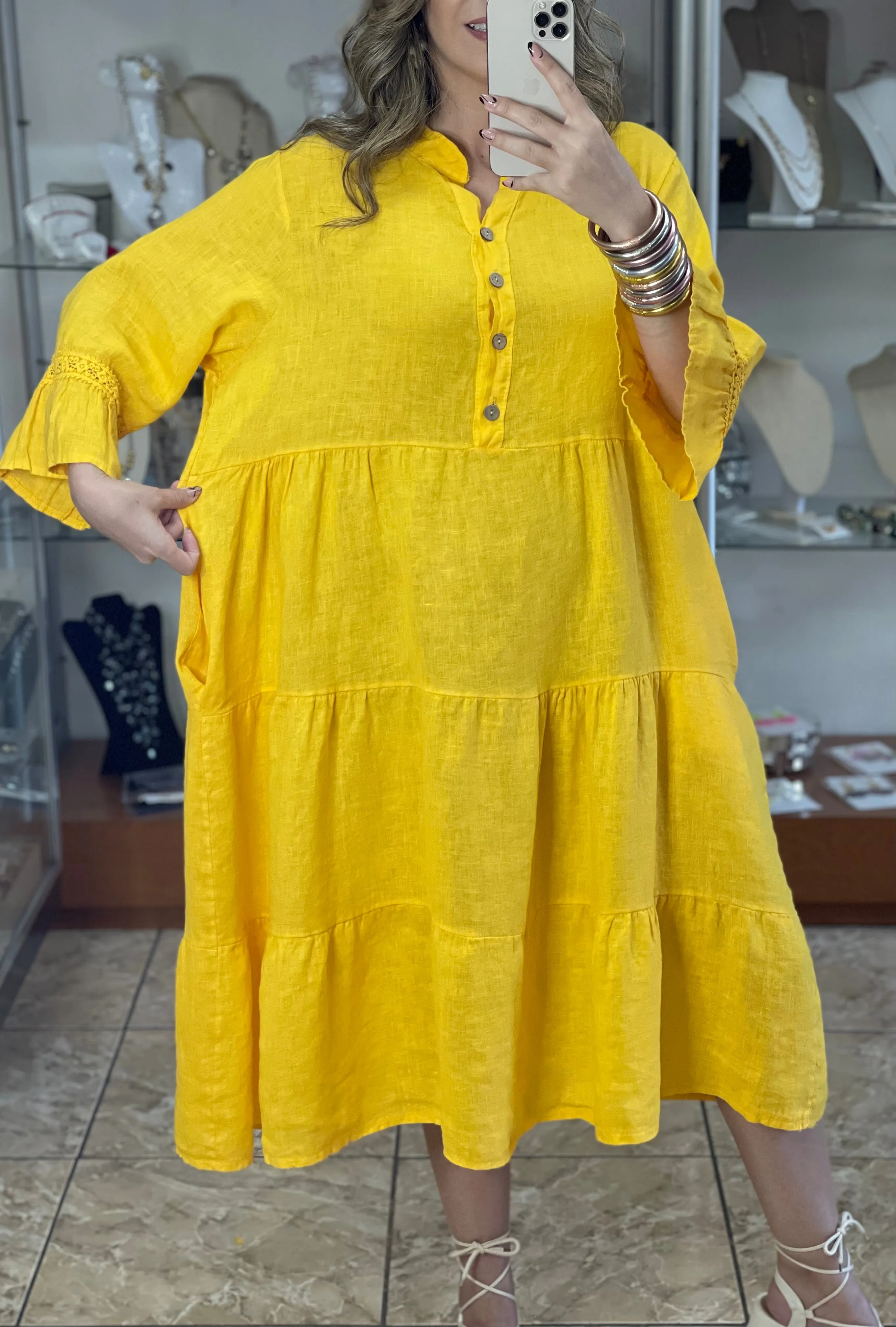 Yellow OS Linen Midi Dress