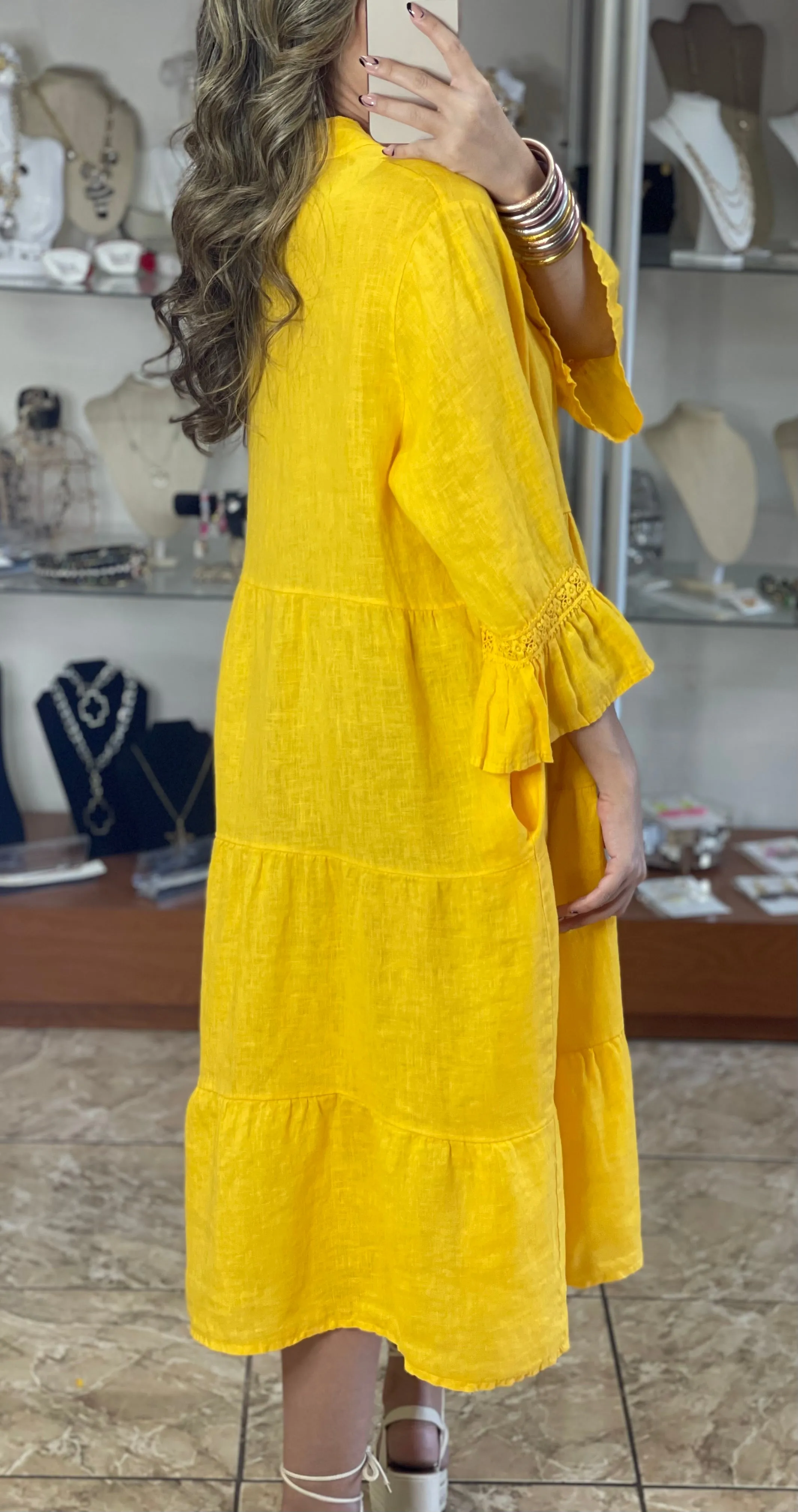 Yellow OS Linen Midi Dress