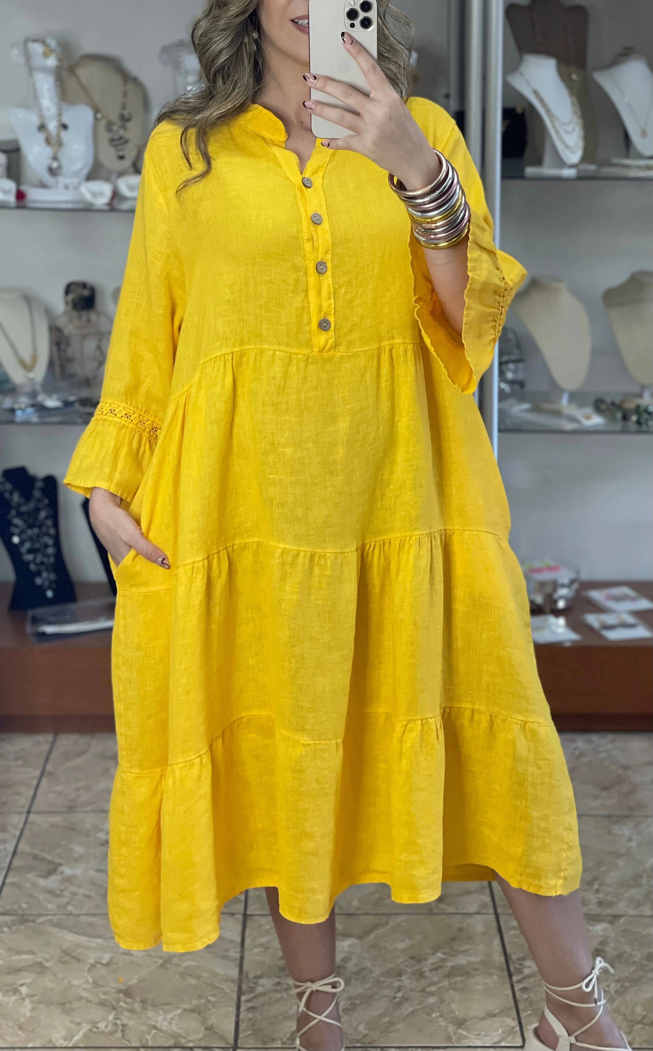 Yellow OS Linen Midi Dress