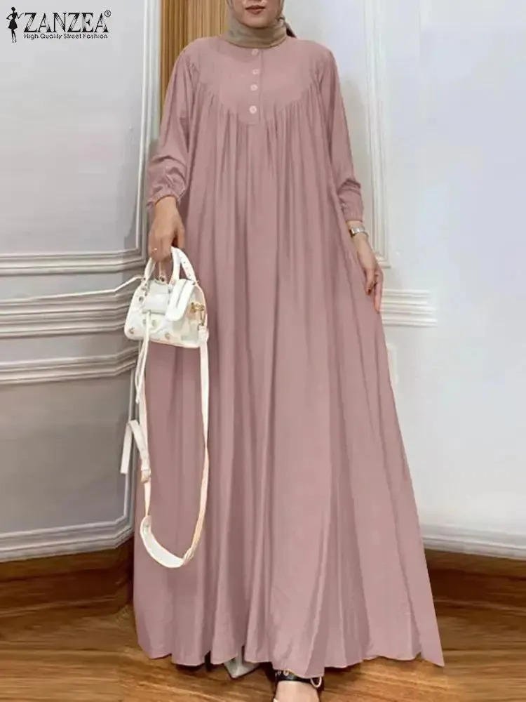 ZANZEA Vintage Muslim Dress - Long Sleeve Pleated Robe 2024